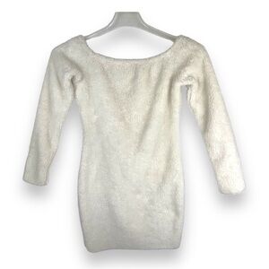 Sherpa Mini Dress Longsleeve Scoop Neck Faux Fur Bodycon Cream White‎ Size M